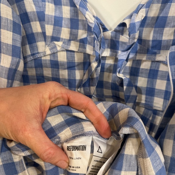 Reformation Linen Mini Sundress adjustable straps Blue & White checkered Size 8 - Picture 5 of 11